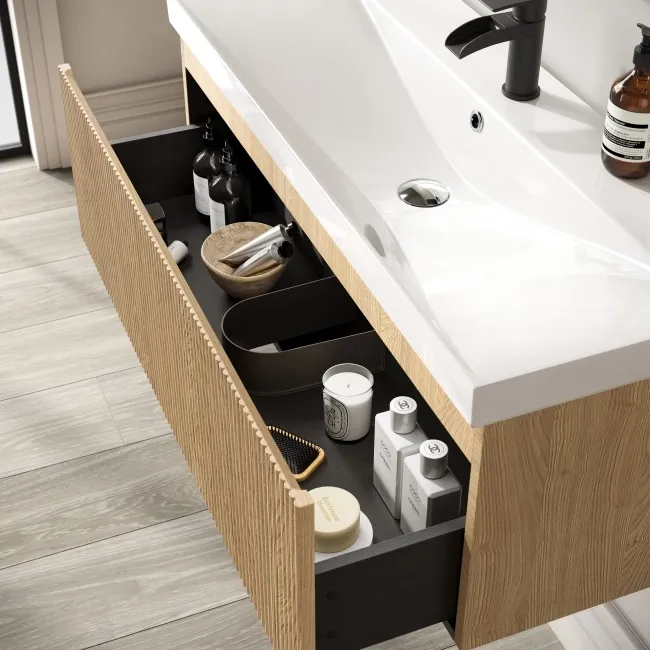 Malta Fluted Country Oak Wall Hung Basin Drawer Vanity 1000mm