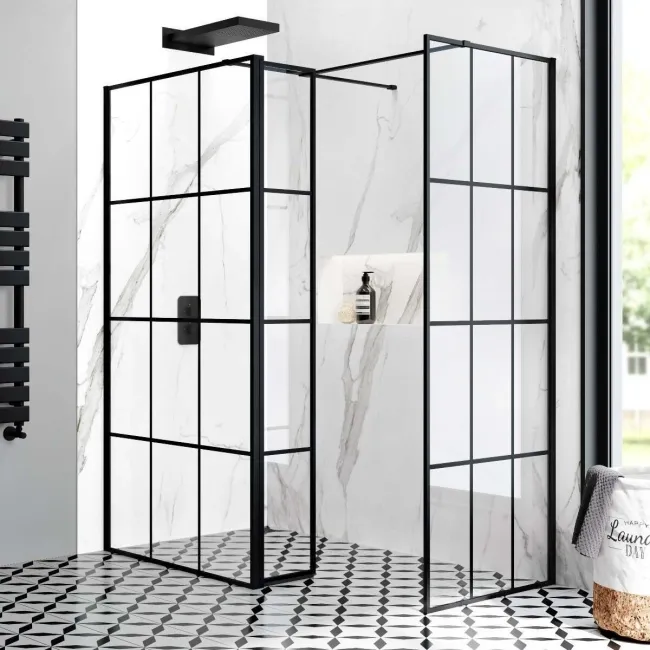 Munich Matt Black Grid 8mm Walk In Shower Enclosure 1000mm & 700mm Glass with Pivotal Return Panel