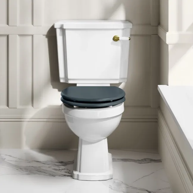 Hudson Traditional Close Coupled Toilet With Inky Blue Wooden Seat - Brushed Brass Lever