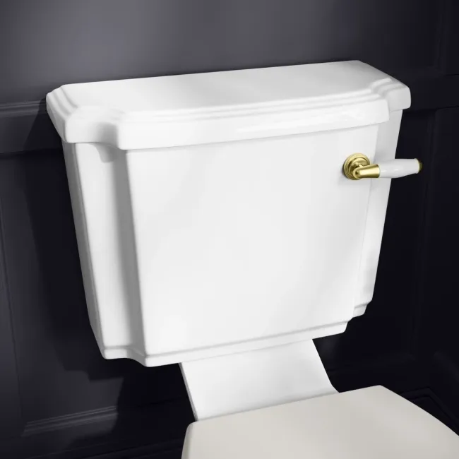Hudson Traditional Close Coupled Toilet With Cotton White Wooden Seat - Brushed Brass Lever
