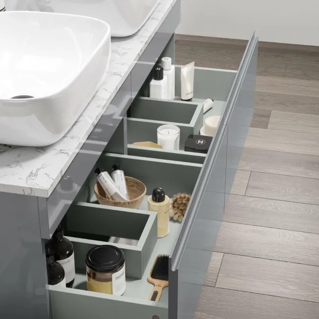 Trent Stone Grey Double Vanity Drawer with Marble Top & Curved Counter Top Basin 1200mm