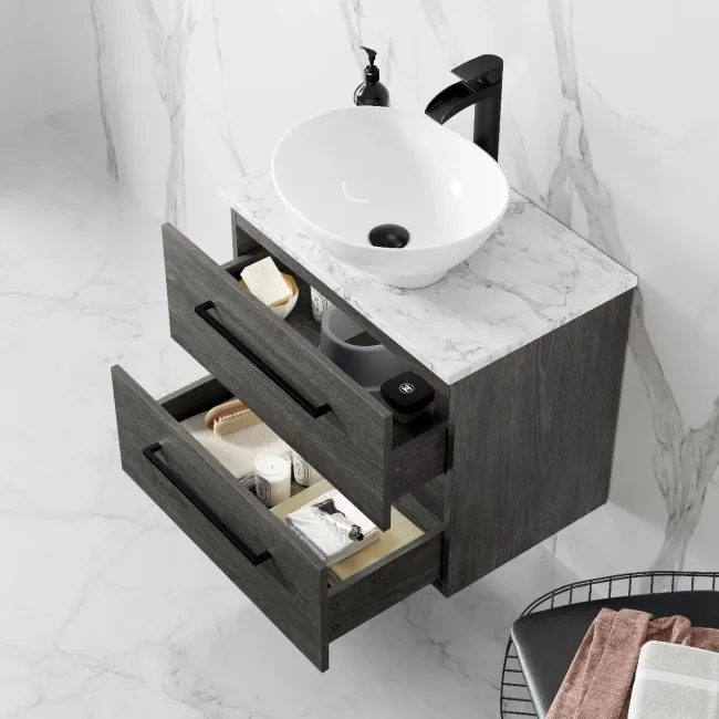 Elba Charcoal Elm Wall Hung Drawer Vanity with Marble Top & Oval Counter Top Basin 600mm - Black Accents