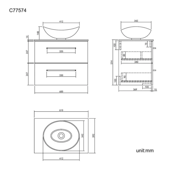 Elba Charcoal Elm Wall Hung Drawer Vanity with Marble Top & Oval Counter Top Basin 600mm - Black Accents