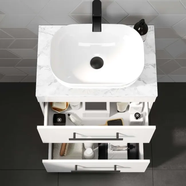 Avon Gloss White Vanity Drawer with Marble Top & Curved Counter Top Basin 600mm - Black Accents