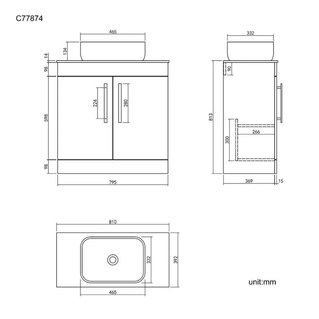 Avon Gloss White Vanity with Marble Top & Curved Counter Top Basin 800mm - Black Accents