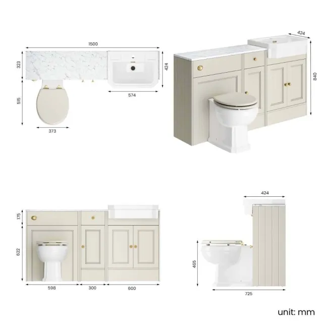 Monaco Chalk White Combination Vanity Traditional Basin with Marble Top & Hudson Toilet with Wooden Seat 1500mm - Brushed Brass Accents