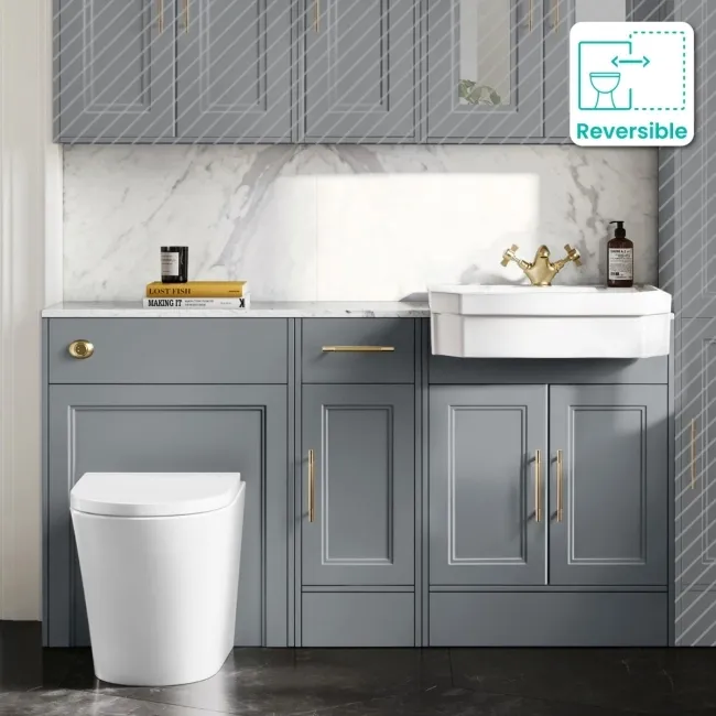 Monaco Dove Grey Combination Vanity Traditional Basin with Marble Top and Boston Toilet 1500mm - Brass Knurled Handles