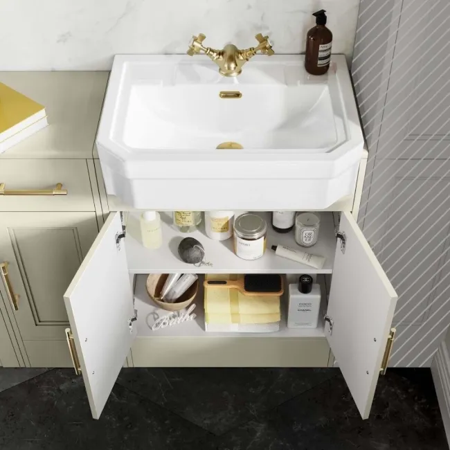 Monaco Chalk White Combination Vanity Traditional Basin and Hudson Toilet with Wooden Seat 1500mm - Brass Knurled Handles