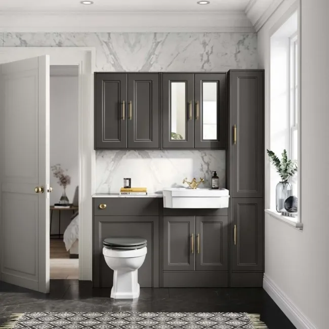 Monaco Graphite Grey Combination Vanity Traditional Basin with Marble Top & Hudson Toilet with Wooden Seat 1200mm - Brass Knurled Handles