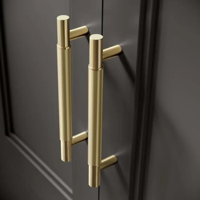 Monaco Graphite Grey Combination Vanity Traditional Basin with Marble Top & Hudson Toilet with Wooden Seat 1200mm - Brass Knurled Handles