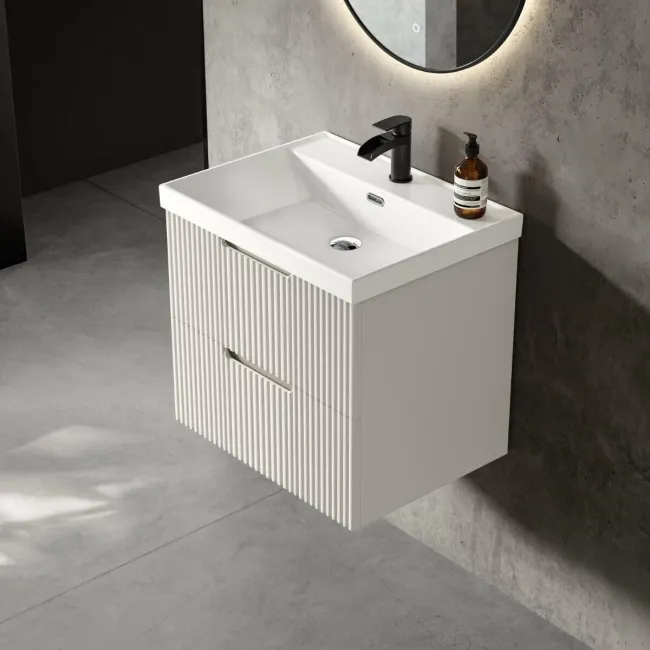 Crete Fluted Linen White Wall Hung Basin Drawer Vanity 600mm