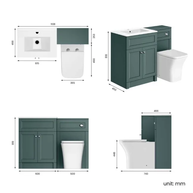 Milos Mystic Green Combination Vanity Basin and Houston Toilet 1100mm - Chrome Handles