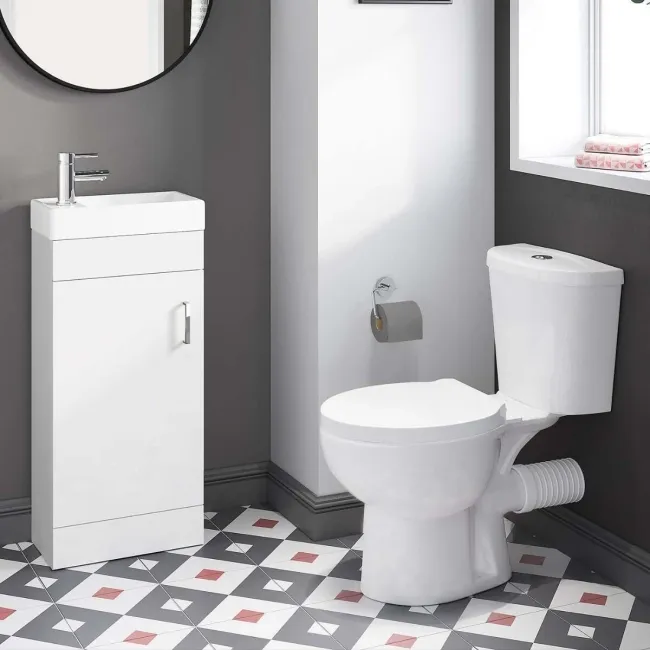 Quartz Gloss White Cloakroom Floor Standing Basin Vanity 400mm and Round Toilet Set