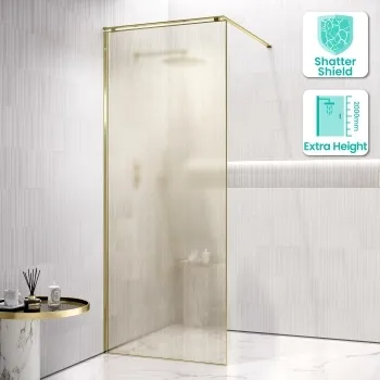 Lyon Brushed Brass 8mm Laminated Wet Room Shower Glass Panel with Gold Mesh Inlay 800mm