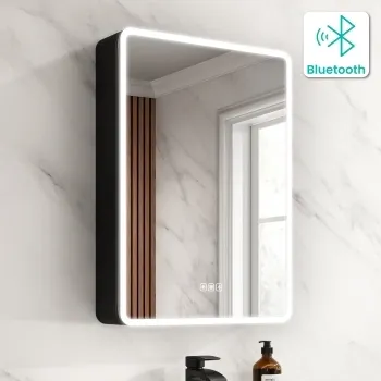 Aurora Matt Black Illuminated LED Mirror Cabinet With BLUETOOTH Speaker 700x500mm
