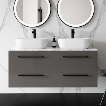 Elba Graphite Grey Double Wall Hung Drawer Vanity with Marble Top & Curved Counter Top Basin 1200mm - Black Accents