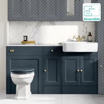 Monaco Inky Blue Combination Vanity Basin with Marble Top and Hudson Toilet with Wooden Seat 1500mm - Brushed Brass Accents