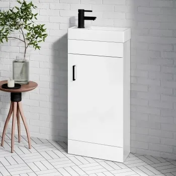 Quartz Gloss White Cloakroom Floor Standing Basin Vanity 400mm - Black Accents