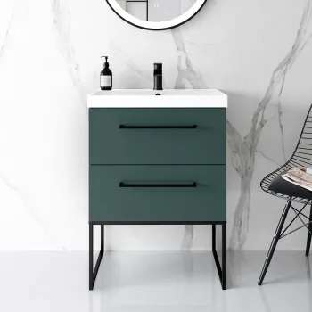 Elba Midnight Green Wall Hung Basin Drawer Vanity 600mm with Matt Black Stand