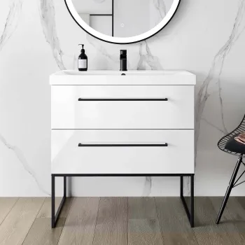 Elba Gloss White Wall Hung Basin Drawer Vanity 800mm with Matt Black Stand