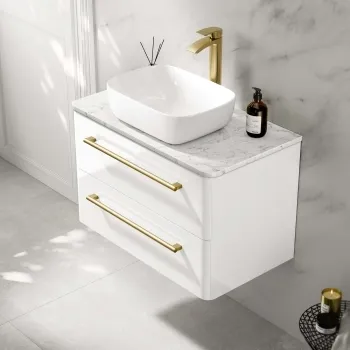Omaha Gloss White Wall Hung Drawer Vanity with Marble Top & Curved Counter Top Basin 800mm - Brushed Brass Accents