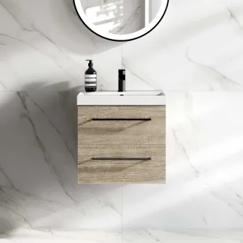 Elba Dawn Oak Wall Hung Basin Drawer Vanity 500mm - Black Accents