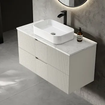 Crete Fluted Linen White Wall Hung Drawer Vanity with Marble Top & Marin Basin 1000mm