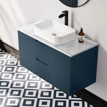 Crete Fluted Navy Blue Wall Hung Drawer Vanity with Marble Top & Marin Basin 1000mm