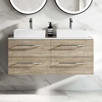 Elba Dawn Oak Double Wall Hung Drawer Vanity with Marble Top & Cody Basin 1200mm