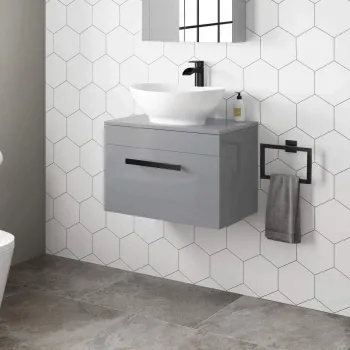 Avon Stone Grey Wall Hung Drawer Vanity with Oval Counter Top Basin 600mm - Black Accents