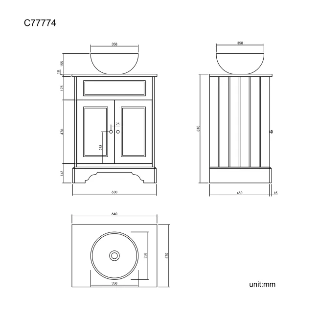 Lucia Graphite Grey Vanity with Oak Effect Top & Round Counter Top Basin 640mm