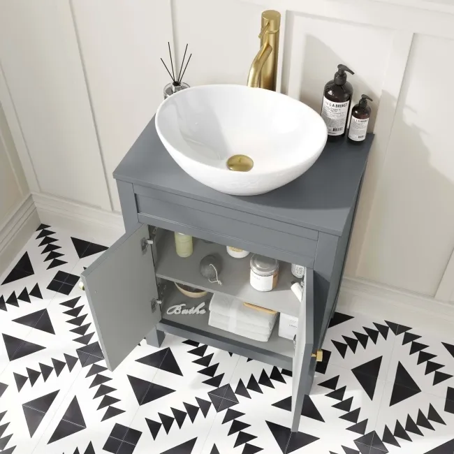 Bermuda Dove Grey Vanity with Oval Counter Top Basin 600mm - Brushed Brass Accents