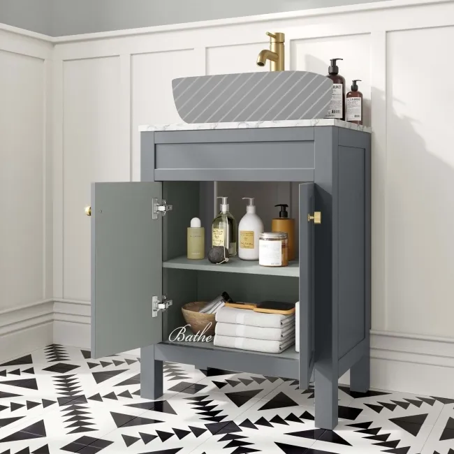 Bermuda Dove Grey Cabinet with Marble Top 600mm Excludes Counter Top Basin - Brushed Brass Accents