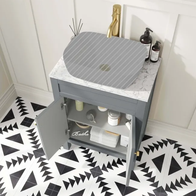 Bermuda Dove Grey Cabinet with Marble Top 600mm Excludes Counter Top Basin - Brushed Brass Accents