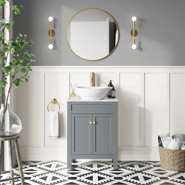 Bermuda Dove Grey Vanity with Marble Top & Oval Counter Top Basin 600mm - Brushed Brass Accents