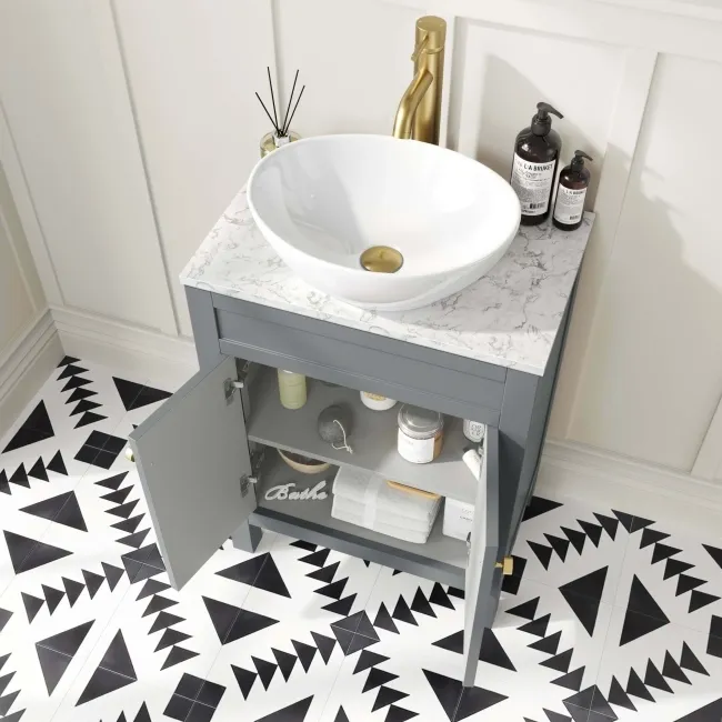 Bermuda Dove Grey Vanity with Marble Top & Oval Counter Top Basin 600mm - Brushed Brass Accents