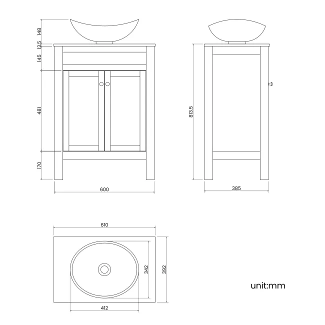 Bermuda Dove Grey Vanity with Marble Top & Oval Counter Top Basin 600mm - Brushed Brass Accents