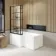 L Shaped 1500 Shower Bath with Front Panel & 6mm Easy Clean Matt Black Grid Bath Screen - Left Handed