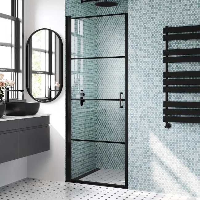 Toulon Matt Black Grid Easy Clean 6mm Pivot Shower Door 700mm