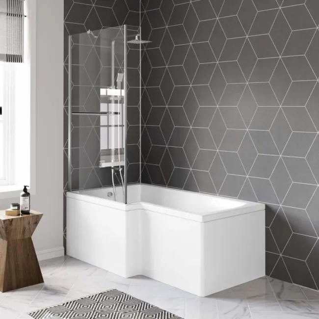 4mm L Shaped Fixed Bath Screen with Towel Rail