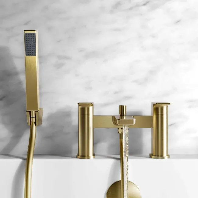 Soar Brushed Brass Basin & Shower Bath Mixer Tap Set