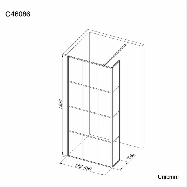 Munich Matt Black Grid 8mm Wet Room Shower Glass 700mm & 250mm Return Panel