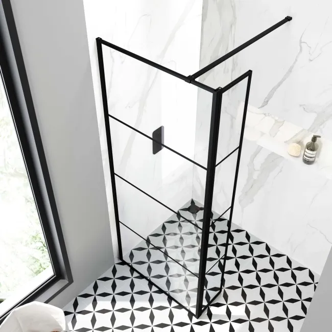 Munich Matt Black Grid 8mm Wet Room Shower Glass 800mm & 250mm Pivotal Return Panel