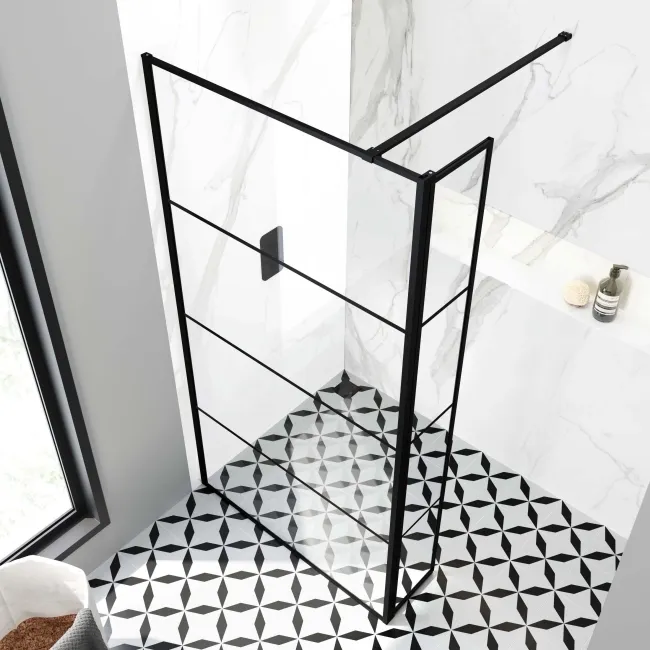 Munich Matt Black Grid 8mm Wet Room Shower Glass 900mm & 250mm Pivotal Return Panel