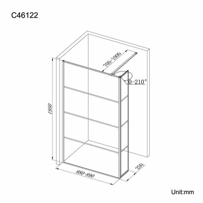Munich Matt Black Grid 8mm Wet Room Shower Glass 900mm & 250mm Pivotal Return Panel