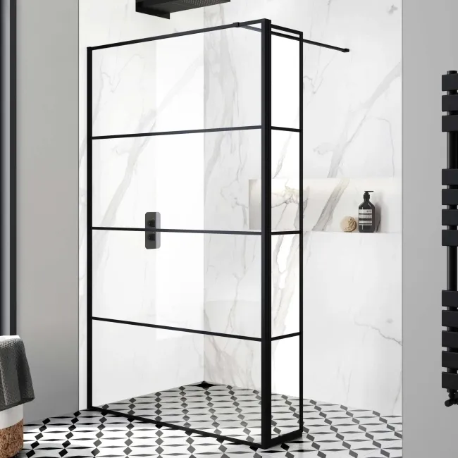 Munich Matt Black Grid 8mm Wet Room Shower Glass 1200mm & 250mm Pivotal Return Panel