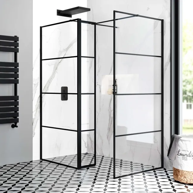 Munich Matt Black Grid 8mm Walk In Shower Enclosure 900mm & 900mm Glass with Pivotal Return Panel