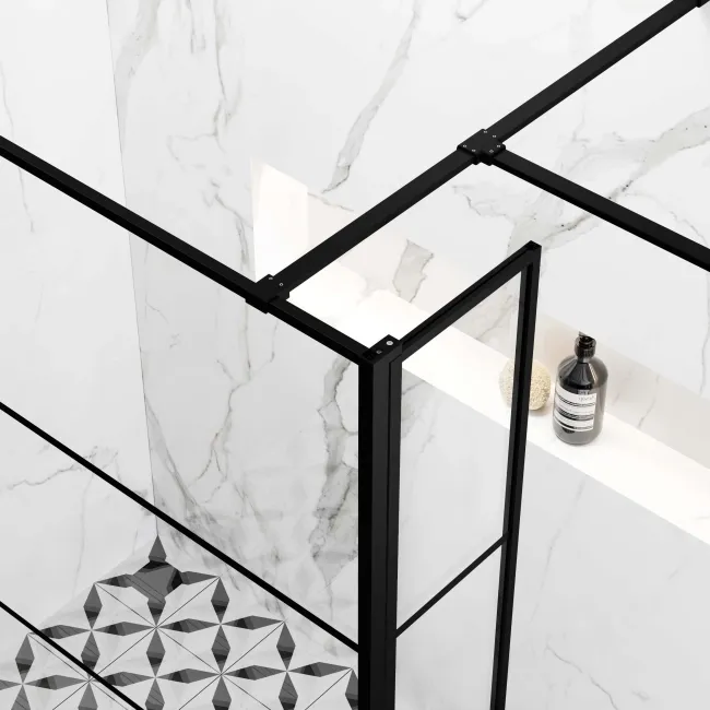 Munich Matt Black Grid 8mm Walk In Shower Enclosure 900mm & 900mm Glass with Pivotal Return Panel