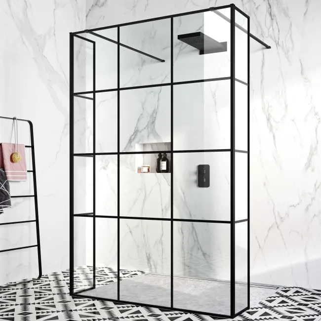 Munich Matt Black Grid 8mm Walk Through Wet Room Shower Glass Panel 1400mm & 250mm Return Panel