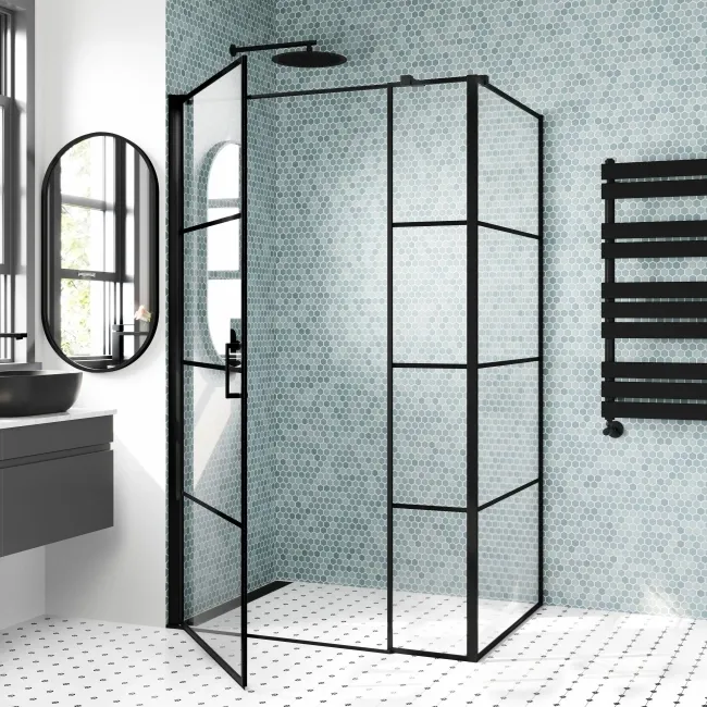 Toulon Matt Black Grid Easy Clean 6mm Pivot Shower Enclosure 1200x900mm